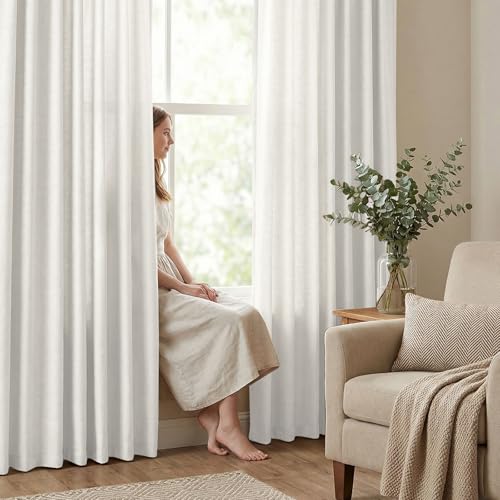 PrinceDeco White Linen Semi Sheer Curtains for Bedroom/Living Room,52x63 - color: White, size: 52"W x 63"L (Pack of 2)