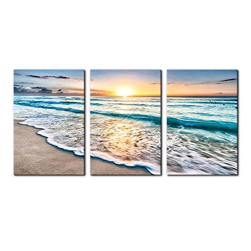 Pacimo 3 Panels Beach Canvas Wall Art for Home Decor Blue Sea Sunset White Beach Painting The Picture Print on Canvas Seascape The Pictures for Home Decor Decoration Ready to Hang - 16"x24"x3 Panels - color: Wallart-16, size: 16" x 24" x 3 Panels