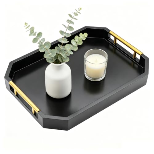 Decorative Wood Serving Tray with Polished Gold Handles, Octagon MDF Tray, Glossy Finish, 16x12 Inch, for Coffee Table, Ottoman (Black) - color: Black