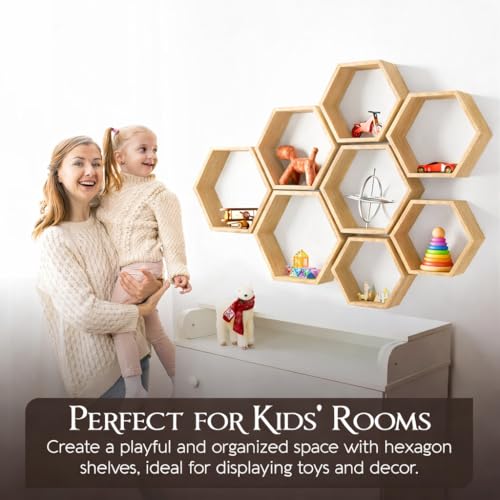 Hexagon Floating Shelves Set of 8 Honeycomb Shelves for Wall, Wooden Hexagon Shelves for Farmhouse Storage (Natural Wood) - color: Natural Wood