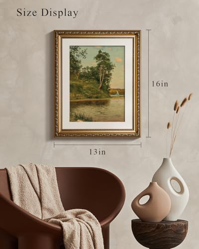 VIYYIEA Gold Framed Lakeside Landscape Wall Art Canvas Painting, 13×16 Inch - color: Lakeside, size: 16"L x 13"W