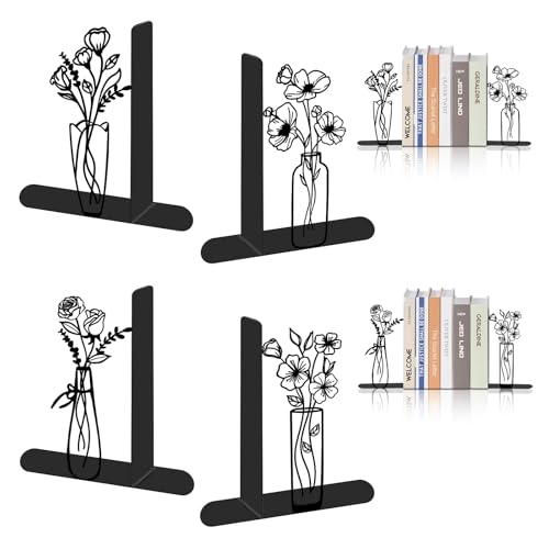 4 Pcs Floral Metal Bookends - Flowers Book Ends for Shelves Decorative, Home Office Desk Bookshelf Decor, Gift for Floral Lovers and Reading Enthusiasts, Reading Gifts for Women - color: Flower