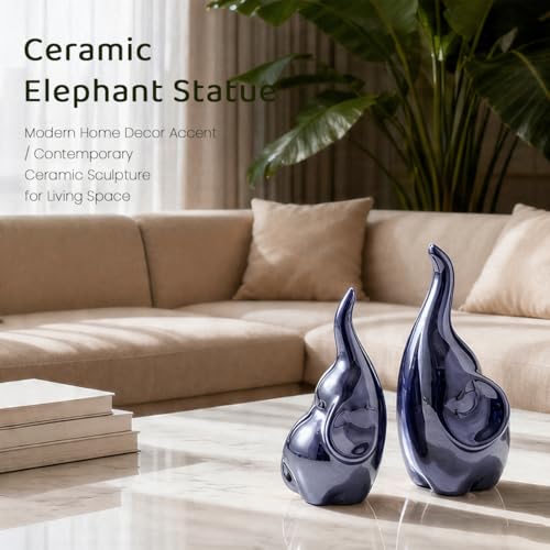 Elephant Decor Ceramic Elephant Statue Home Decor, Pair of Elephant Figurines for Living Room Bookshelf TV Stand Decor, Aesthetic Animal Sculptures Table Centerpiece, Housewarming Gifts (Blue) - color: Blue