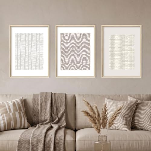 Aryroi Beige White Abstract Neutral Framed Canvas Wall Art Set- 12"x16"x3 - color: Boho Geometry Line Wall Art - White Oak Framed, size: 12"L x 16"W