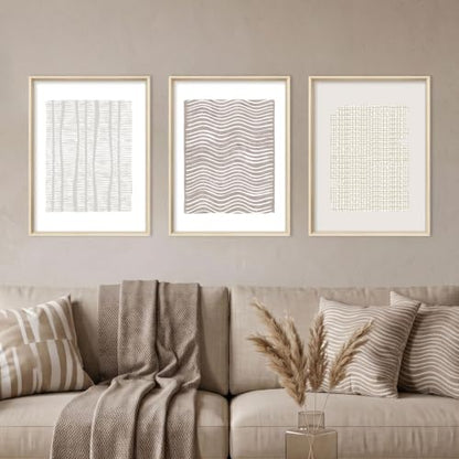 Aryroi Beige White Abstract Neutral Framed Canvas Wall Art Set- 12"x16"x3 - color: Boho Geometry Line Wall Art - White Oak Framed, size: 12"L x 16"W