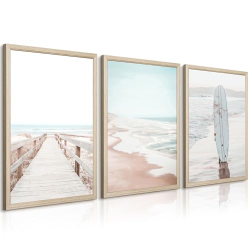 Beach Coastal Wall Art Pictures Beachy Ocean Canvas Wall Decor Surf Aesthetic Wall Art Surfboard Beach Painting Poster Coastal Ocean Artwork Prints for Bathroom Room 16x24 Inch Unframed Set of 3 - color: Sea Surfboard Prints, size: 16x24 Inch