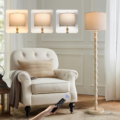 BOBOMOMO 62" Rustic Farmhouse Floor Lamp Antique White with Remote & Dimmable 9W Bulb, 3 Color Temperatures Resin Standing Lamp, Retro Tall Lamp for Living Room, Bedroom, Nursery, Office, Reading Nook - color: Rustic White