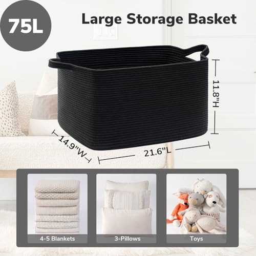 Goodpick Large Woven Rope Blanket Basket, Rectangle, Black, 75L - color: Black, size: Large(21.6"L x 14.9"W x 11.8"H)
