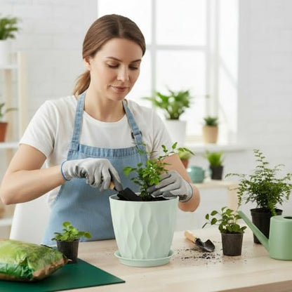 8 Inch Plastic Plant Pots for Plants with Drainage Holes and Saucer, 6 Pack - color: Green 8 Inch