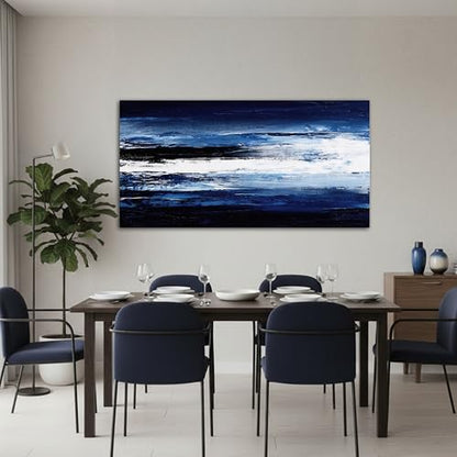 LKY ART Abstract Navy Blue White Canvas Wall Art, Panoramic 20"x40" - color: Dark blue, size: 40"L x 20"W
