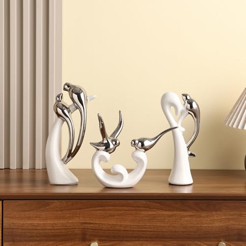 Ceramic Statues Set of 3, Birds and Base Sculpture Modern Home Decor - color: White and Silver