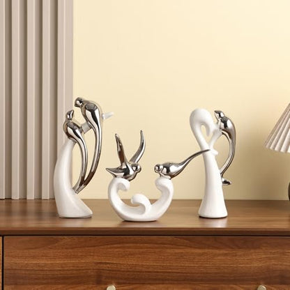 Ceramic Statues Set of 3, Birds and Base Sculpture Modern Home Decor - color: White and Silver