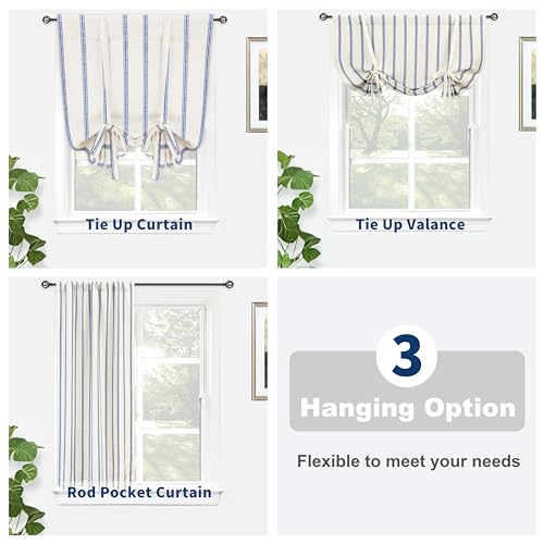 DriftAway Farmhouse Double Layer Linen Blackout Tie Up Curtains Thermal Insulated Vertical Striped Fully Lined Balloon Roman Shade Bathroom Window Adjustable Rod Pocket 25 Inch by 47 Inch Navy - color: Navy Blue, size: 25"W x 47"L (Pack of 1)