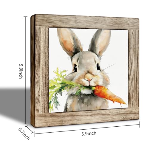 Spring Easter Wooden Box Sign, Watercolor Bunny with Carrot Desk Decor, Cute Rabbit Art Wood Sign for Home Office Shelf Farmhouse Tabletop Decor 5.9 x 5.9 Inches - color: Easter 08