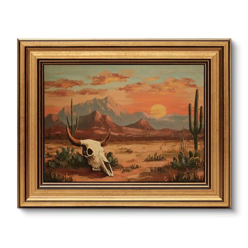 VIYYIEA Gold Small Framed Canvas Art, Vintage Western Desert Landscape Art Prints,8x10Inch, Retro Southwest Cowboy Bull Skull Decor for Home Bedroom Living Room Office Shelf, Cozy Brown Decor - color: Western Desert, size: 10"L x 8"W