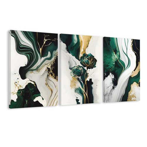 EJPFOGV Triptych Green and Gold Floral Wrapped Canvas Wall Art 16x24 in x3 | Wooden frame, UV-resistant ink, Giclée printing process, Pre-installed hooks make it easy to hang home or office wall decor - color: Gilded green, size: 24"L x 16"W