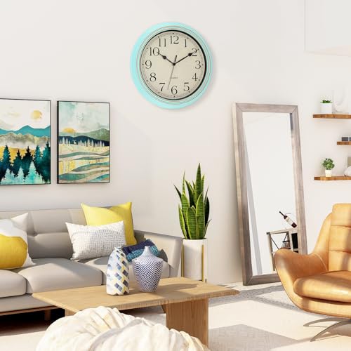 Foxtop Retro Wall Clock Silent Battery Operated Clock, 14" Light Turquoise - color: Light Turquoise, size: 14 Inch