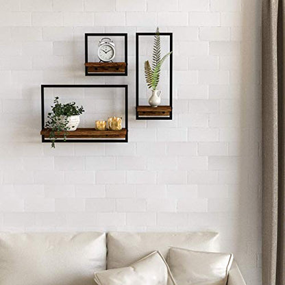Metal Frame Rustic Wooden Floating Hanging Shelves, Home Decor Wall Mounted Display Organizing Shelf for Living Room, Bedroom, Office Bathroom. Set of 3