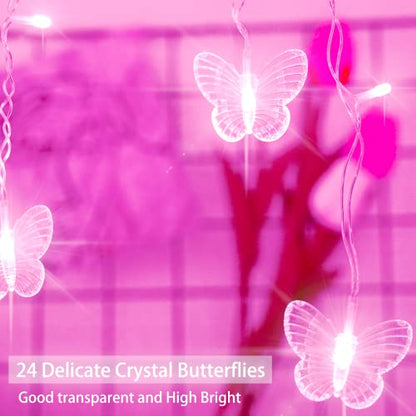 120 LED Butterfly Curtain Fairy Lights USB Plug in,8 Modes 20FT Firefly Twinkle Timer String Lights with Remote, Waterproof Copper Wire for Bedroom Valentine's Day Wedding Party(Pink) - color: Pink