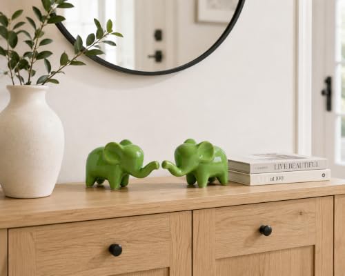 4 Inch Green Ceramic Elephant Figurines Set of 2 - color: Green