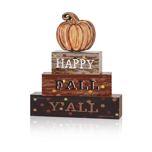 Smile Fall Wooden Block Decor Signs Pumpkin Plaque HAPPY FALL Y'ALL Tiered Tray Tabletop Signs for Autumn Harvest Thanksgiving Home Decor - style: Fall Y’all