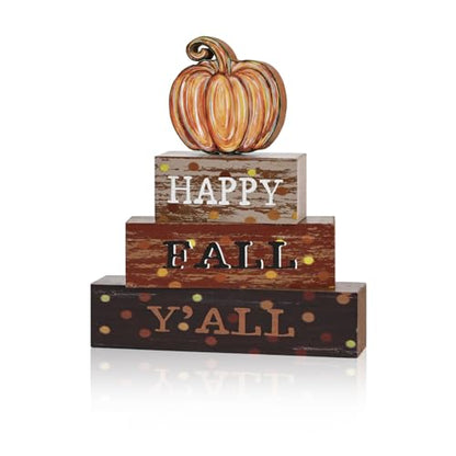 Smile Fall Wooden Block Decor Signs Pumpkin Plaque HAPPY FALL Y'ALL Tiered Tray Tabletop Signs for Autumn Harvest Thanksgiving Home Decor - style: Fall Y’all