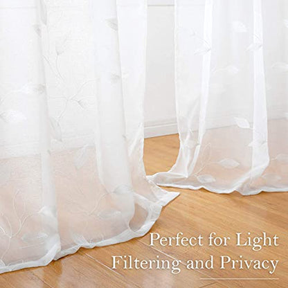 HOMEIDEAS White Sheer Curtains Leaf Embroidered, 52x84 Inch, 2 Panels - color: 4-white, size: 52"W x 84"L (Pack of 2)