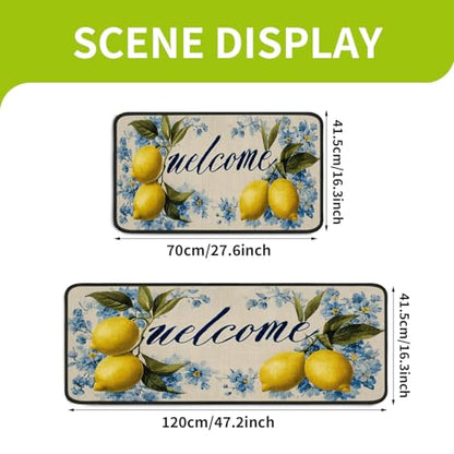 Classic Kitchen Mats for Floor, 2-Piece Non-Slip Kitchen Rugs - color: Lemon Blue Flower