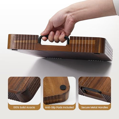 Acacia Wood Serving Tray with Metal Handle, 17x13in Tray for Ottoman - color: Dark Acacia / Black Handle, size: 17” × 13” × 2”
