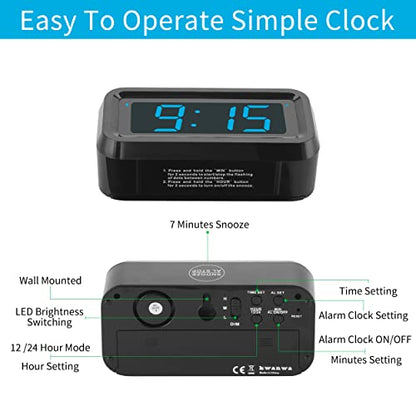 Alarm Clock,1.2'' LED,Cordless,Battery Powered,Snooze,Table-top/Wall-mount - color: Black Case-blue Led