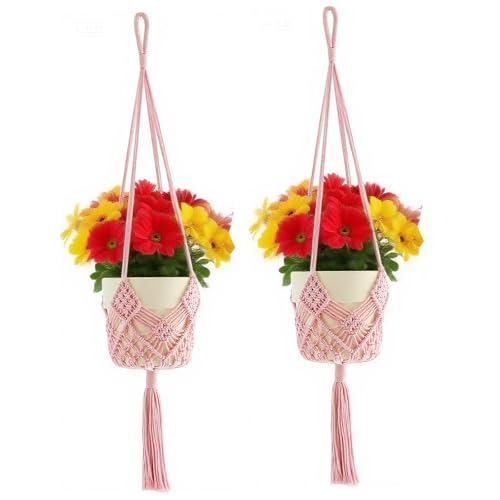2 Pack Macrame Hanging Planters, Pink - color: Pink