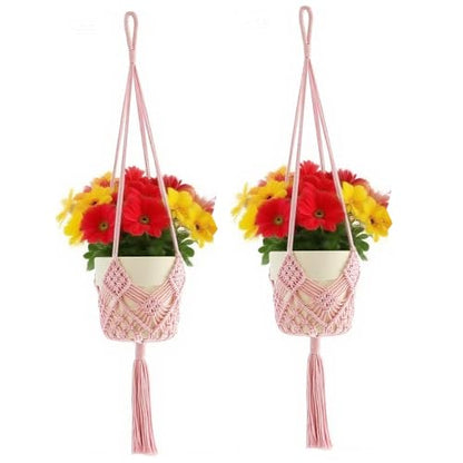 2 Pack Macrame Hanging Planters, Pink - color: Pink