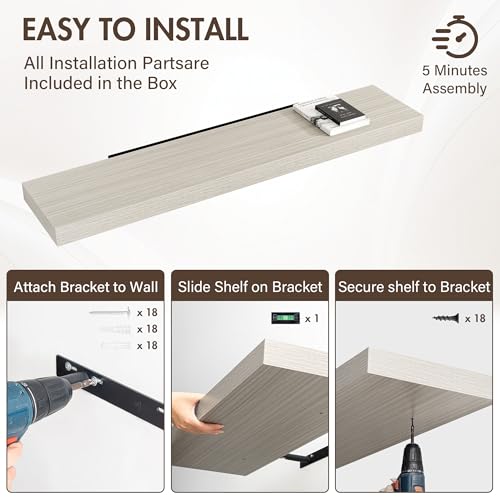 Acovy 55 Inch Floating Shelves, 12" Deep Floating Shelf Wall Mounted, 55" Wall Shelves, Rustic Deep Bookshelf, Extra Deeper & Thicker Display Shelves for Bedroom, Living Room, Set of 1 - color: Grey, size: 12"Wx55"L-1pc