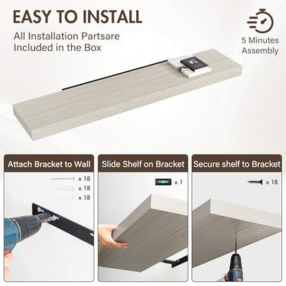 Acovy 55 Inch Floating Shelves, 12" Deep Floating Shelf Wall Mounted, 55" Wall Shelves, Rustic Deep Bookshelf, Extra Deeper & Thicker Display Shelves for Bedroom, Living Room, Gray, Set of 2 - color: Grey, size: 12"Wx55"L-2pcs