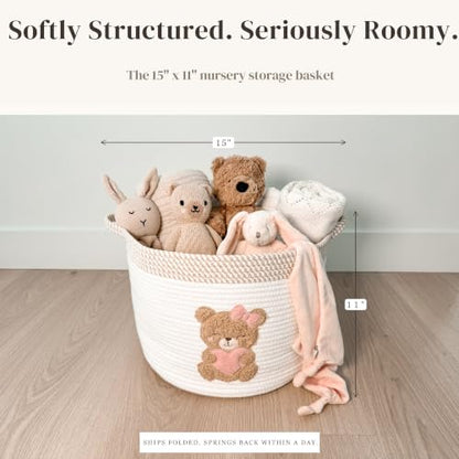 Pink Teddy Bear Baby Storage Basket, Cotton Rope Nursery Bin, 15x11 in - color: Girl Teddy