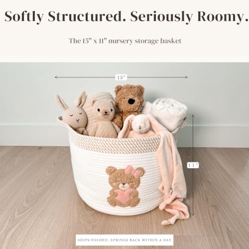 Pink Teddy Bear Baby Storage Basket, Cotton Rope Nursery Bin, 15x11 in - color: Girl Teddy