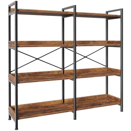 Huuger 4 Tier Bookshelf with 8 Open Shelves and Raised Baffle, Rustic Brown - color: Rustic Brown, size: 4 Tier