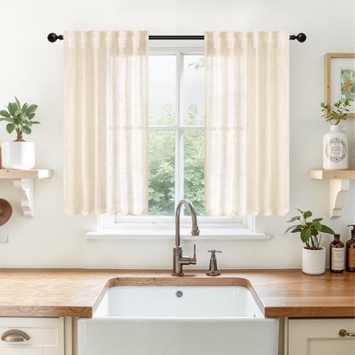 YoungsTex 리넨 시어 주방 창문 커튼 101.6cm 길이 소형 드레이프 - color: 크림 베이지., size: 34"W x 40"L (Pack of 2)