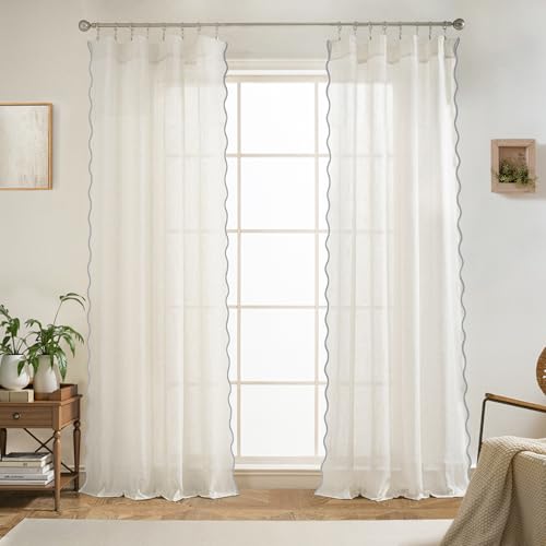 DriftAway Semi Sheer Scalloped Edge Linen Coastal Beach Window Curtains for Living Room Bedroom 2 Panels Rod Pocket Each Size 52 Inch by 90 Inch Gray - color: Linen Gray, size: 52"W x 90"L (Pack of 2)