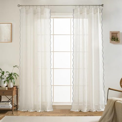 DriftAway Semi Sheer Scalloped Edge Linen Coastal Beach Window Curtains for Living Room Bedroom 2 Panels Rod Pocket Each Size 52 Inch by 90 Inch Gray - color: Linen Gray, size: 52"W x 90"L (Pack of 2)