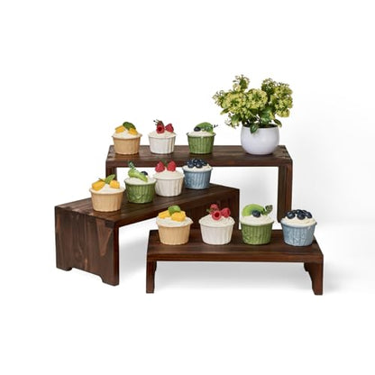 DAOYOUSKY Set of 3 Wooden Rustic Cupcake Stand for 24 Cupcakes, Stepped Wood Display Stand for Weddings, Tiered Party Buffet Table Display Nesting Riser for Food , Dessert, Cookie, Craft Show, Brown - color: Brown