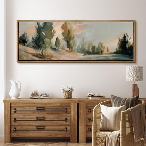 MUDECOR Large Framed Canvas Print Wall Art Soft Impressionist Forest Path Serene Woodland Landscape Antique Retro Fine Art Illustrations Decorative Colorful for Bedroom - 60"x20" - color: A06-2603-m09, size: 60"L x 20"W