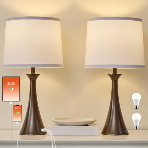 Touch Table Lamps Set of 2, 21" Bedside Lamps with USB C+A, Brown - color: Brown 2pcs