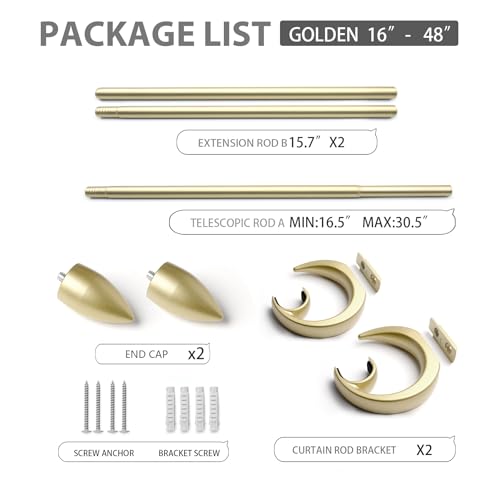Modern Adjustable Curtain Rod Set 16 to 48 Inches, Sleek Window Rod for Bedroom, Living Room, Gold - color: GOLD, size: 16" to 48"