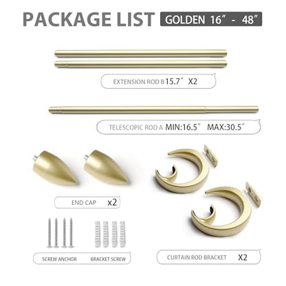 Modern Adjustable Curtain Rod Set 16 to 48 Inches, Sleek Window Rod for Bedroom, Living Room, Gold - color: GOLD, size: 16" to 48"