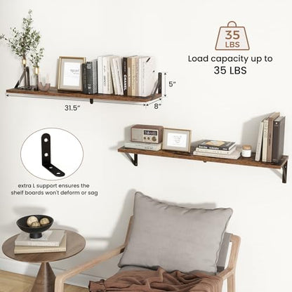 Axeman 32 Inch Floating Shelves, 8 Inch Deep Brown Wall Shelves Set of 2 - color: Rustic Brown, size: 31.5 Inch