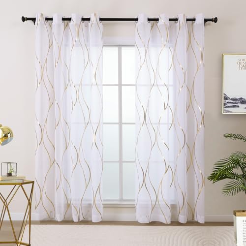 L.Z.E Sheer Curtains for Living Room, White and Gold See Through Sheer Curtains 63 Inches Long 2 Panels Set, Grommet Light Filtering Window Drapes with Elegant Wave Patterns - color: (Grommet) Gold Waves, size: 54"W x 63"L (Pack of 2)