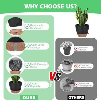 Self Watering Planter Set with Visual Water Level, 6Pack Small Plastic Pot with Drainage Holes and Reservoir Saucers, Modern 8+7+6.5+6+5.5+5 Inch Bottom Watering Flower Pots for Indoor Plant - Black - color: Black-small