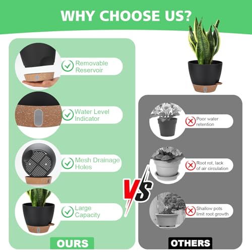 Self Watering Planter Set with Visual Water Level, 6Pack Small Plastic Pot with Drainage Holes and Reservoir Saucers, Modern 8+7+6.5+6+5.5+5 Inch Bottom Watering Flower Pots for Indoor Plant - Black - color: Black-small