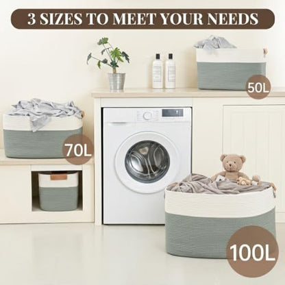 Danpinera 70L Large Woven Blanket Basket for Living Room White & Sage Green - color: White & Green, size: 72L